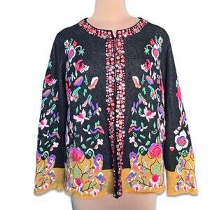 Y2K Michael Simon Black Floral Beaded Embroidered Cotton Cardigan Plus Size 1X